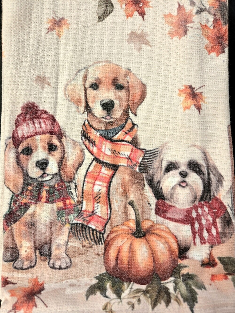 Shabby Chic Rachel Ashwell Farmhouse Set of 3 Kitchen Towels Puppy Dogs Autumn